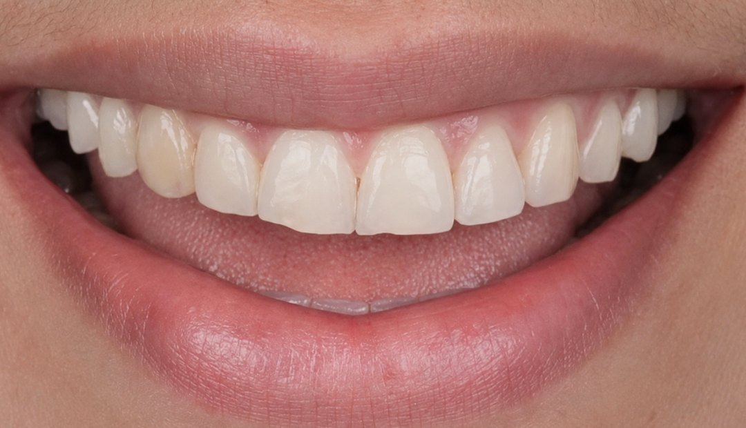 Antes: sonrisa con los dientes de tono desigual, bordes desgastados y espacios entre ellos