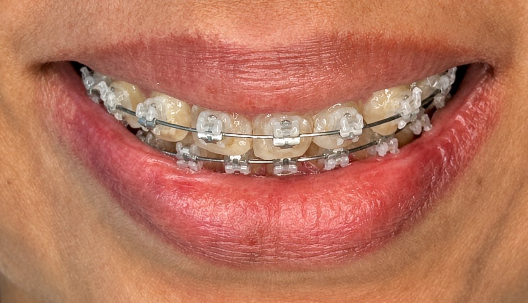 Antes: sonrisa con aparato de ortodoncia de brackets estéticos y dientes de tono desigual