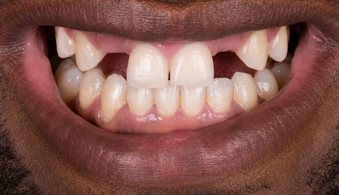 Antes: sonrisa con los dientes apiñados, rotados y con espacios entre ellos