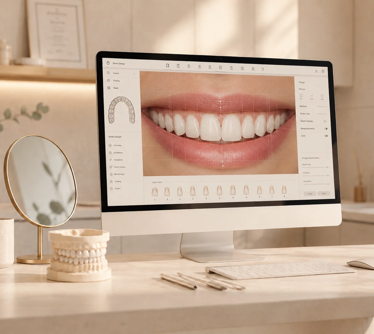 Monitor con el programa de diseño de sonrisa: una sonrisa con las líneas de referencia superpuestas sobre los dientes, junto a un espejo, un modelo de yeso e instrumental