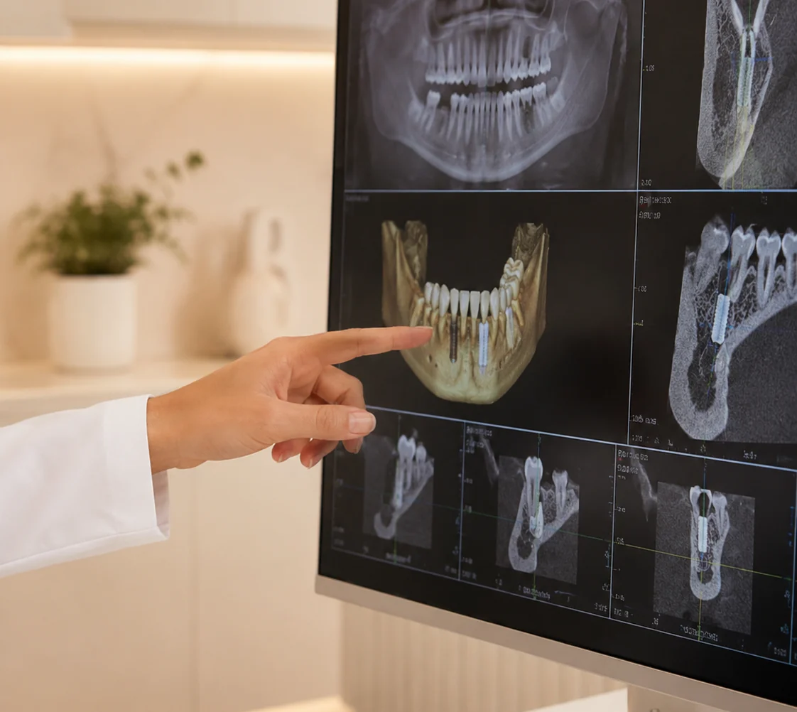 Mano señalando la mandíbula reconstruida en 3D sobre el monitor de planificación, junto a la radiografía panorámica y los cortes de tomografía del implante