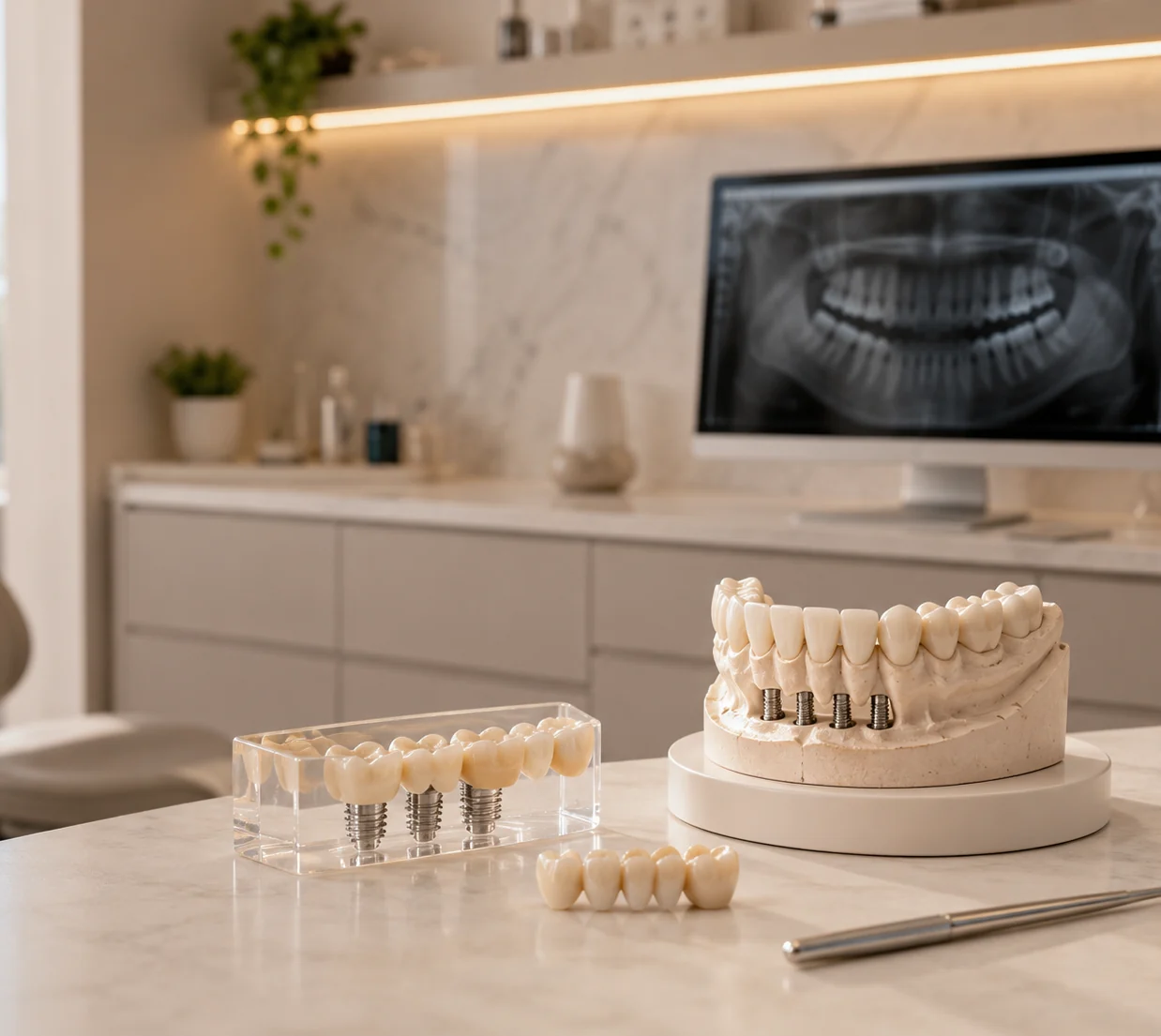 Modelo con implantes y una arcada completa de dientes, junto a un bloque transparente con implantes y coronas, y una radiografía panorámica en el monitor del fondo