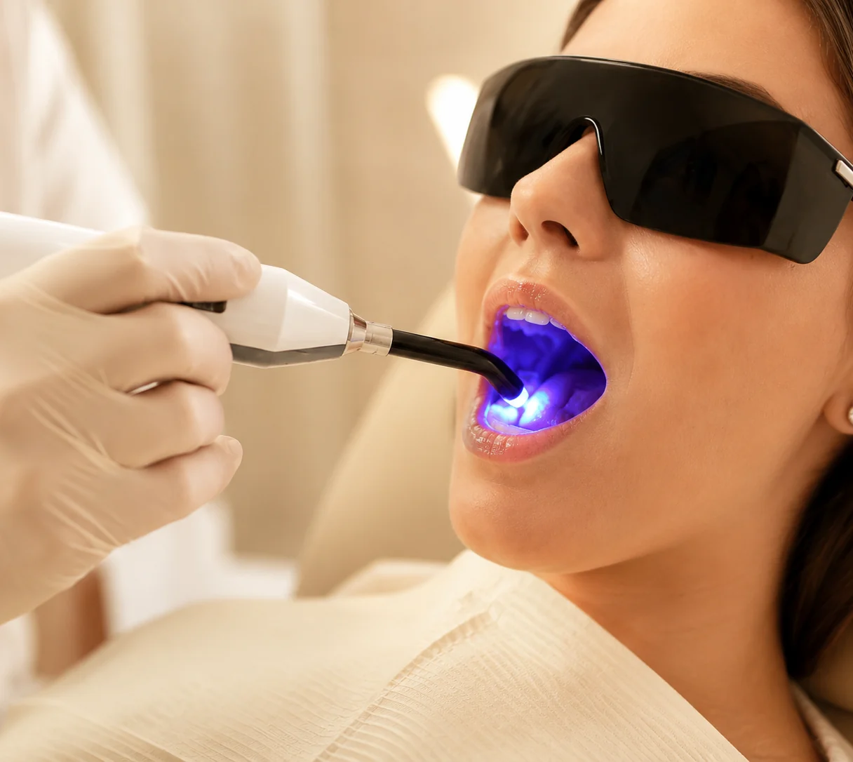Paciente con gafas de protección recibiendo una aplicación de láser dental, con la luz azul iluminando el interior de la boca